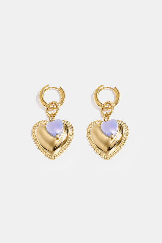 Hoop earrings with heart pendant and bead on ring